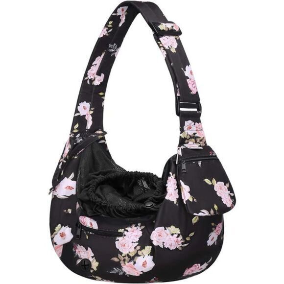 Dog Cat Sling Carrier, Pet Tote Bag Hands Free Adjustable Floral Black Pink - Picture 10 of 16